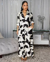 Quinn Black Cream Print Maxi Shirt Dress