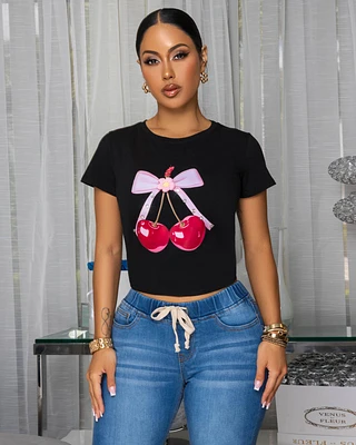Cherries Black Bow Print Graphic T-Shirt