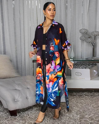 Celestina Black Multi-Color Butterfly Floral Print Maxi Dress