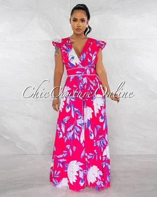 *Edena Fuchsia Floral Print Pleated Jumpsuit