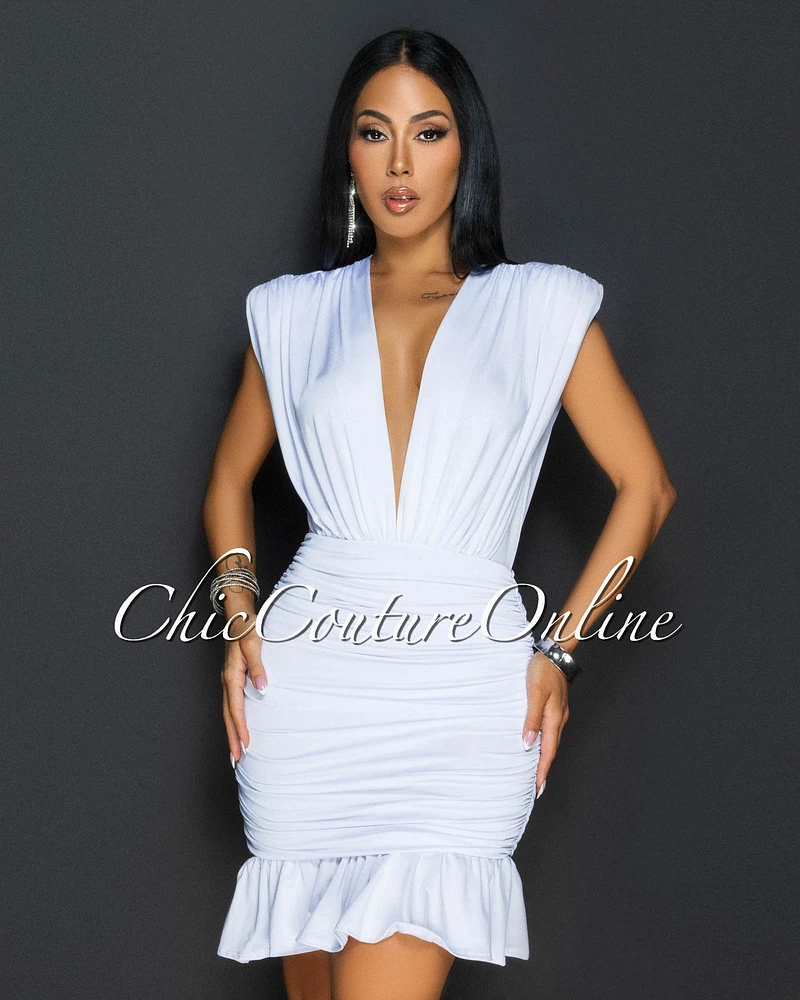 Amai Deep-V Ruched Ruffle Dress