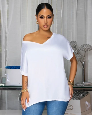 Sannela White Silky V-Neckline Top