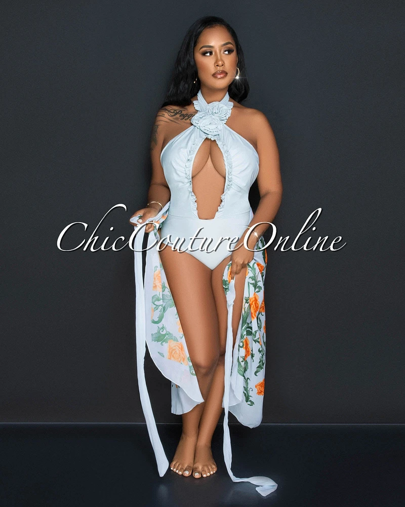 Kristin Baby Blue Rose Halter Swimsuit & Cover Up Set