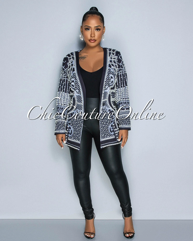 Iran Black Grey Print Pearl Accent Luxe Blazer