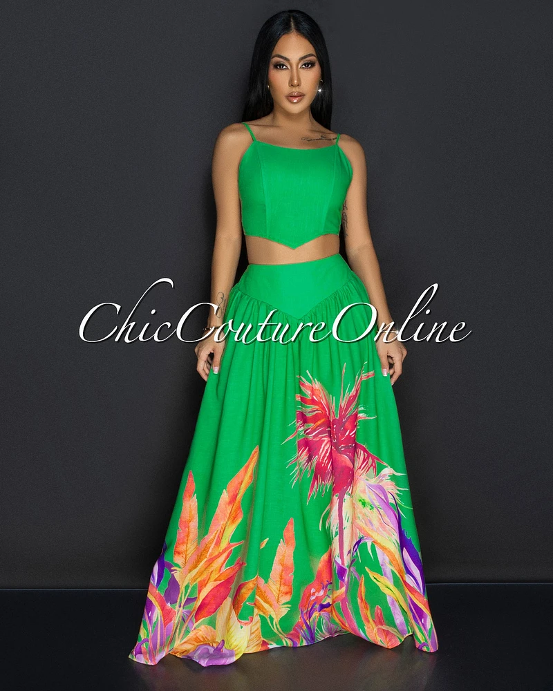 Roza Kelly-Green Floral Bustier & Maxi Skirt Set (10/3)