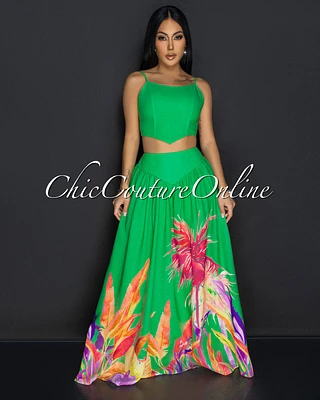 Roza Kelly-Green Floral Bustier & Maxi Skirt Set (10/3)