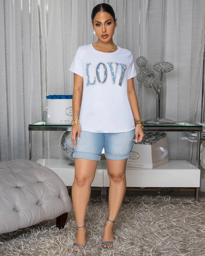 LOVE Off-White Tee Denim Top & Shorts Set