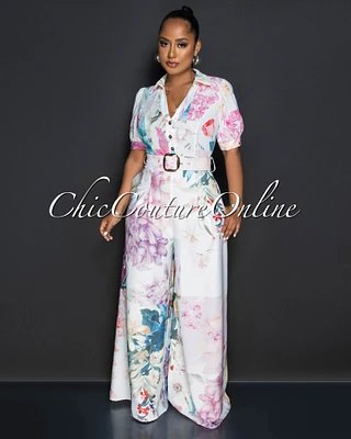 *Jonne White Mulit-Color Print Gold Buckle Belt Jumpsuit