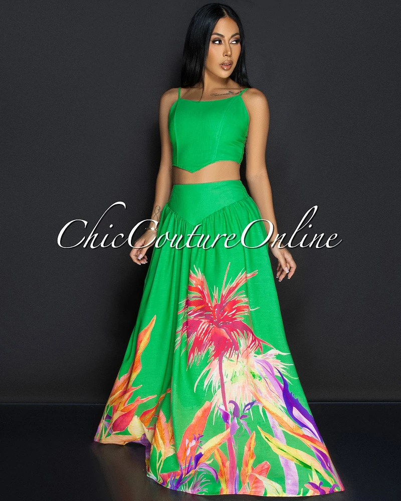 Roza Kelly-Green Floral Bustier & Maxi Skirt Set (10/3)