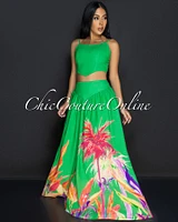 Roza Kelly-Green Floral Bustier & Maxi Skirt Set (10/3)