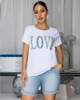 LOVE Off-White Tee Denim Top & Shorts Set