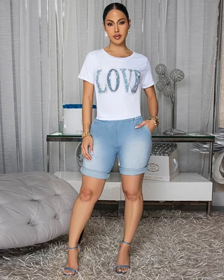 LOVE Off-White Tee Denim Top & Shorts Set