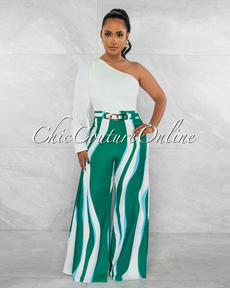 *Comita Off-White Green Gold Link Belt Single Sleeve Jumpsuit