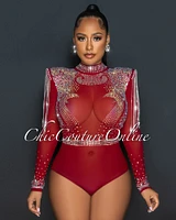 Yonce Burgundy Ultra Luxe Embellished Padded Shoulders Bodysuit