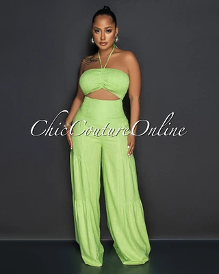 *Yolanda Lime Smocked Crop Top & Wide Pants Linen Set