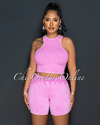 Ryanna Pink Ribbed Crop Top & Shorts Set