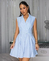 Amelia White Blue Stripes Belted Skater Dress