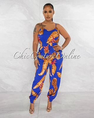 *Mercy Blue Brown Leaf Print Jogger Jumpsuit