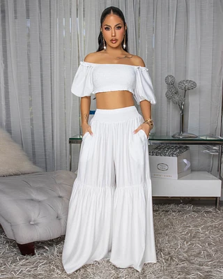 Andy White Smocked Crop Top & Wide Pants Set