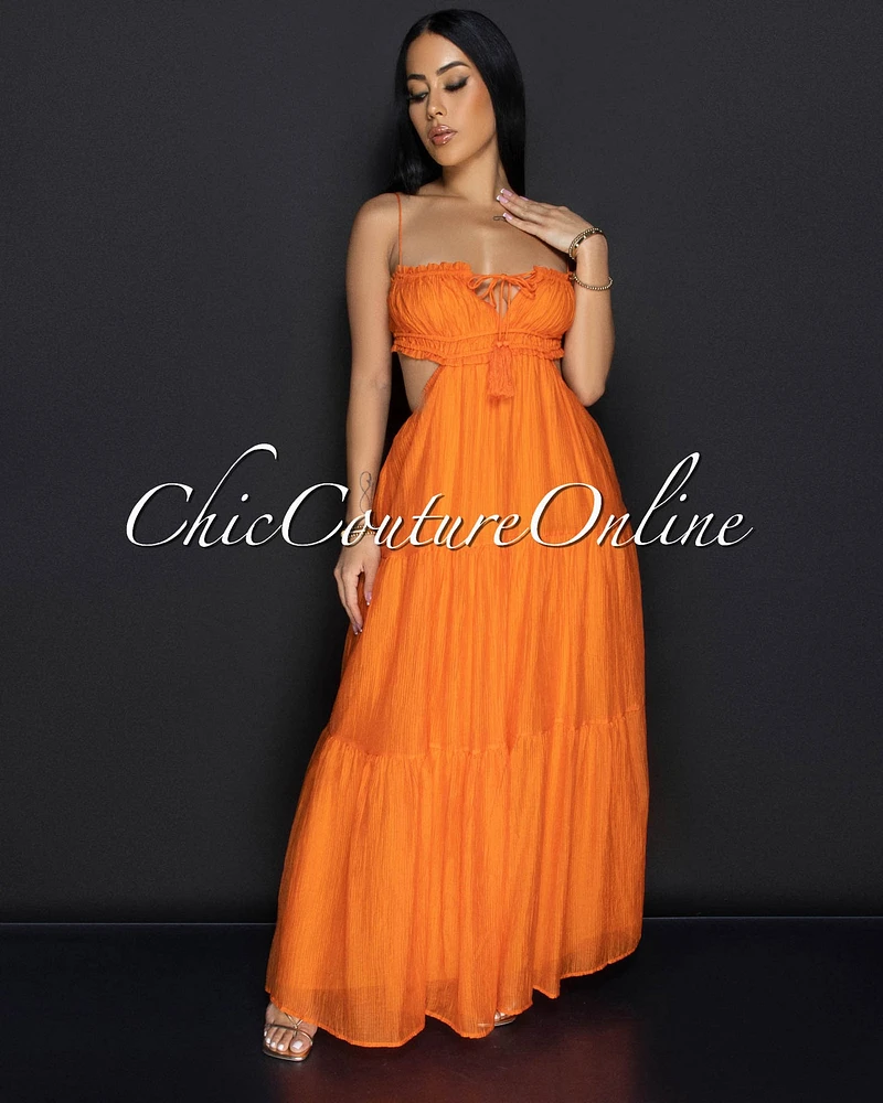 Aleana Orange Cut Out Ruffle Maxi Dress