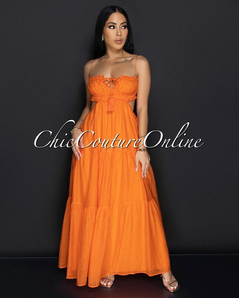 Aleana Orange Cut Out Ruffle Maxi Dress