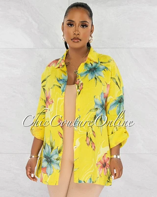 *Redia Yellow Floral Print Over-Sized Linen Shirt