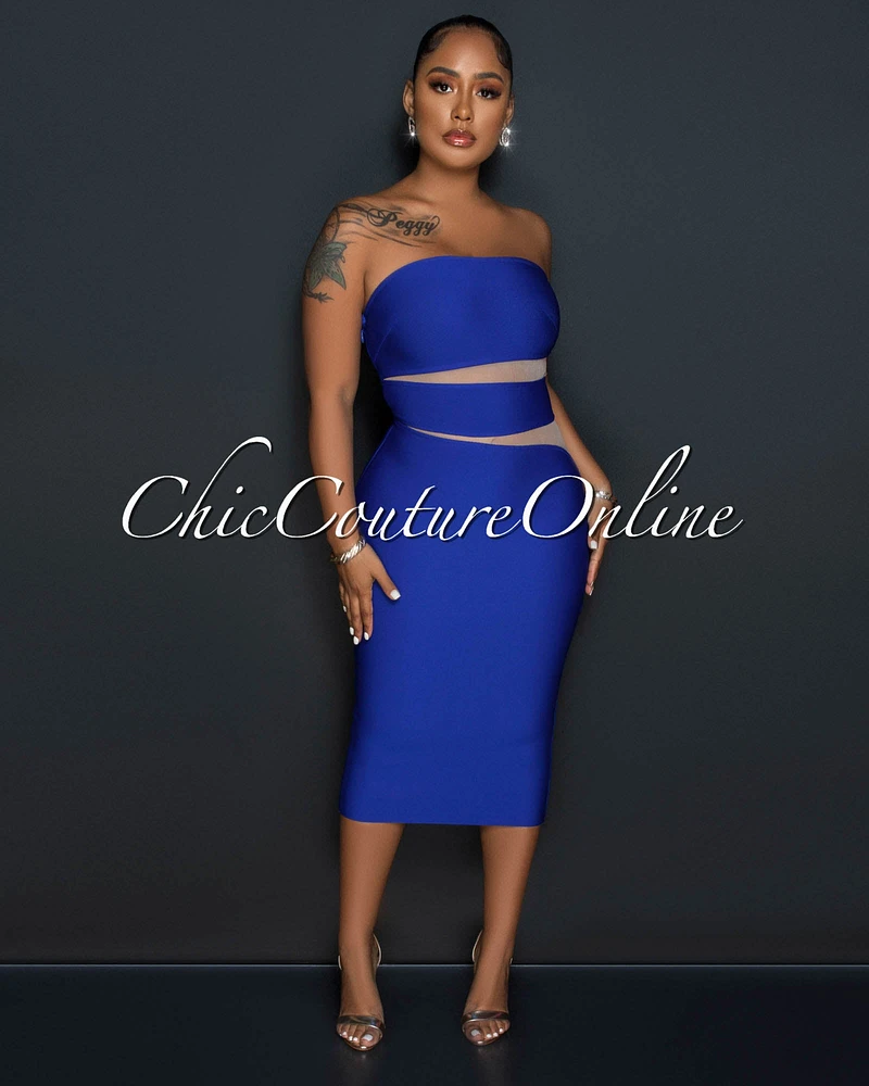 Jetta Royal Blue Nude Mesh Accent Bandage Midi Dress