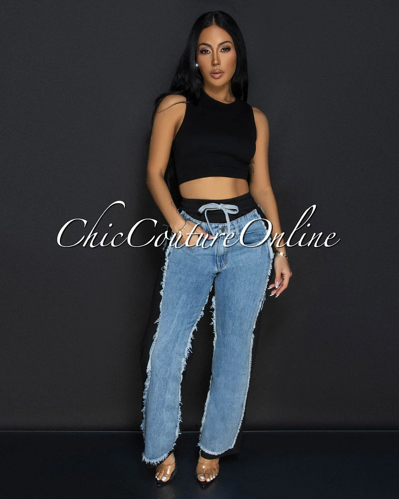Allie Black Blue Denim Sporty Wide Legs Pants