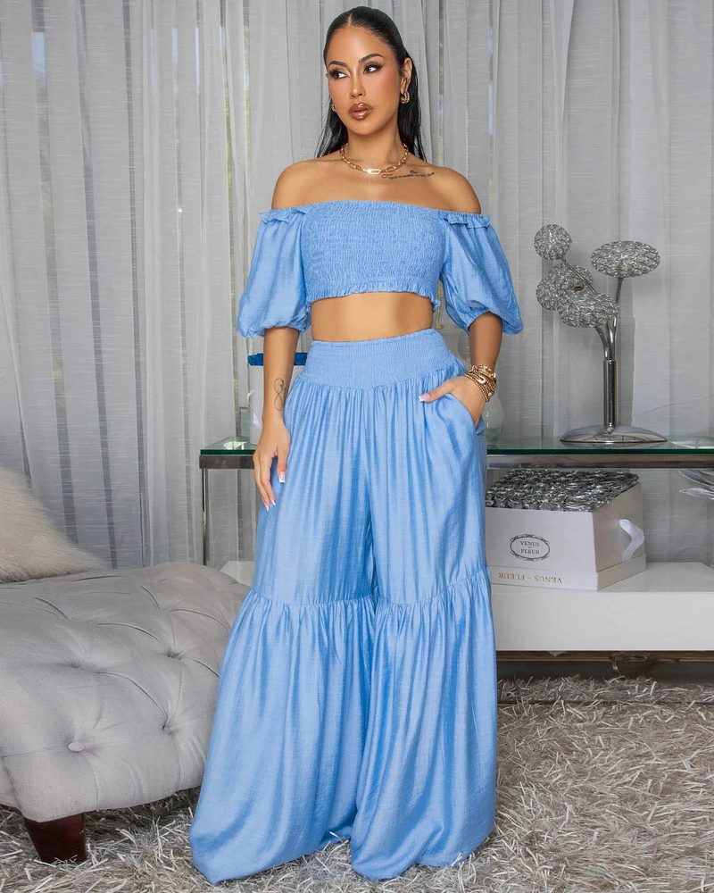 Andy Light Blue Smocked Crop Top & Wide Pants Set