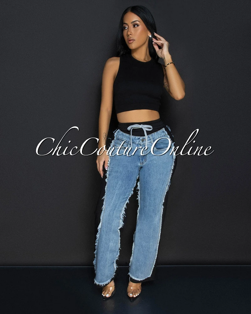 Allie Black Blue Denim Sporty Wide Legs Pants