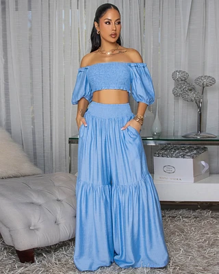 Andy Light Blue Smocked Crop Top & Wide Pants Set