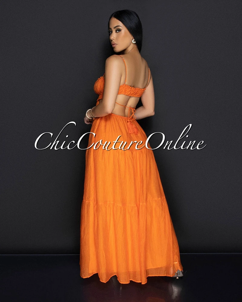 Aleana Orange Cut Out Ruffle Maxi Dress