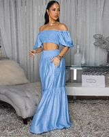 Andy Light Blue Smocked Crop Top & Wide Pants Set