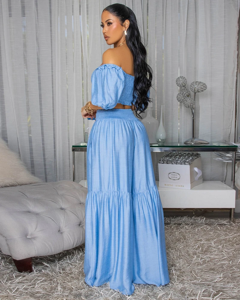 Andy Light Blue Smocked Crop Top & Wide Pants Set