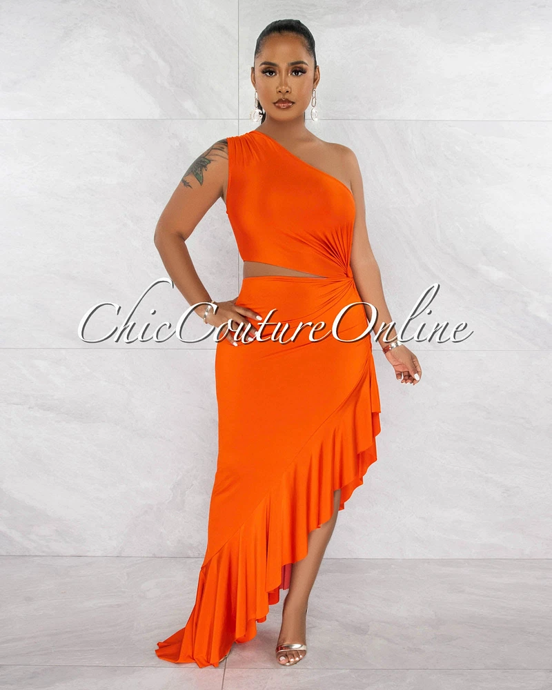 Nilia Orange Cut-Out Hi-Lo Ruffle Hem Maxi Dress