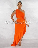 Nilia Orange Cut-Out Hi-Lo Ruffle Hem Maxi Dress