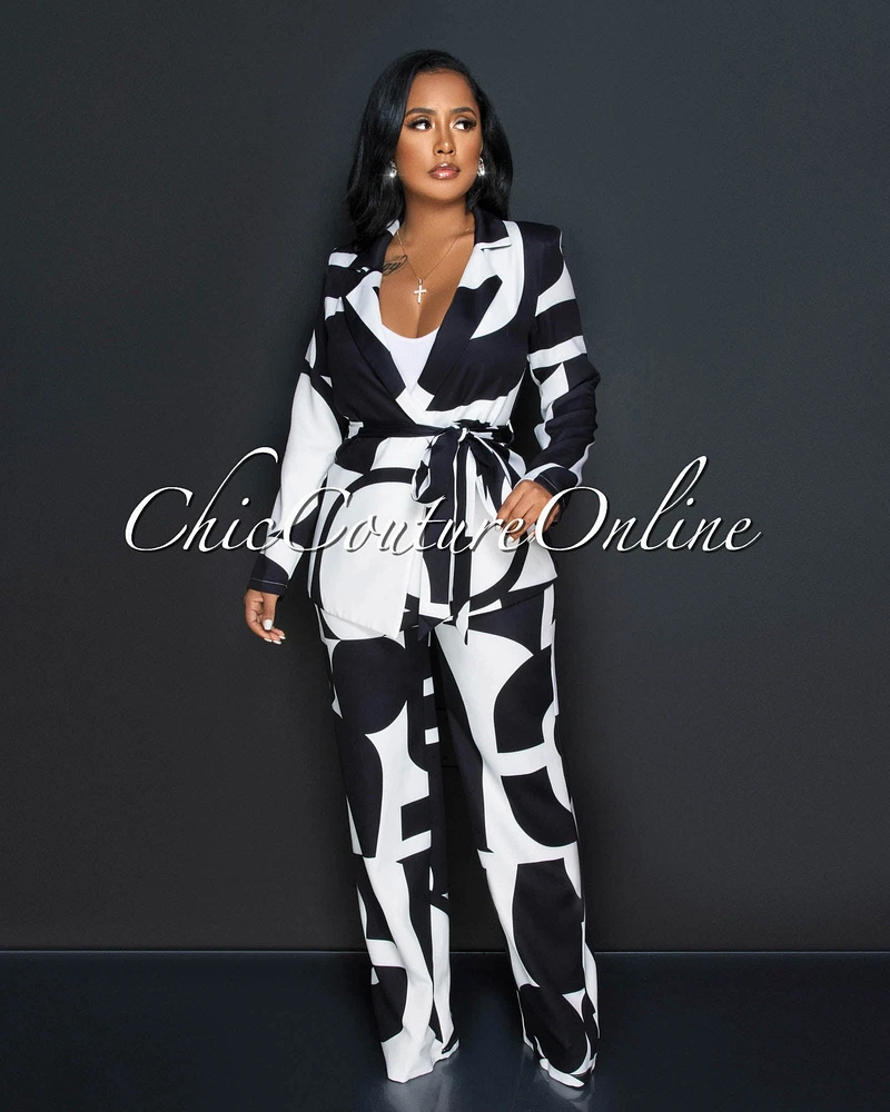 Janeen Black White Print Self-Tie Blazer & Wide Pants Set