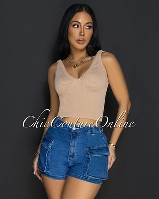 Lora Nude V Neck Ribbed Crop Top