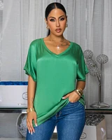 Sannela Forrest Green Silky V-Neckline Top