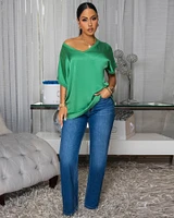 Sannela Forrest Green Silky V-Neckline Top