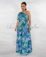 *Gandie Green Blue Print Single Bubble Sleeve Maxi Dress