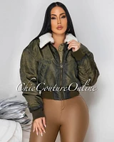 Kaory Olive Green Shearling Bomber Jacket