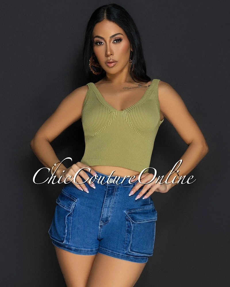 Lora Olive V Neck Ribbed Crop Top