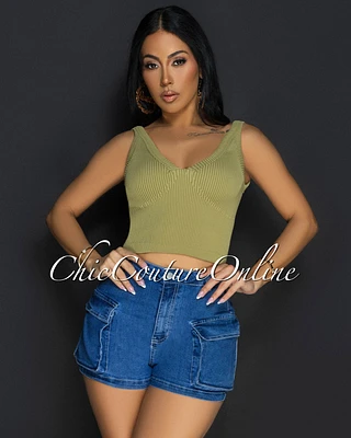 Lora Olive V Neck Ribbed Crop Top