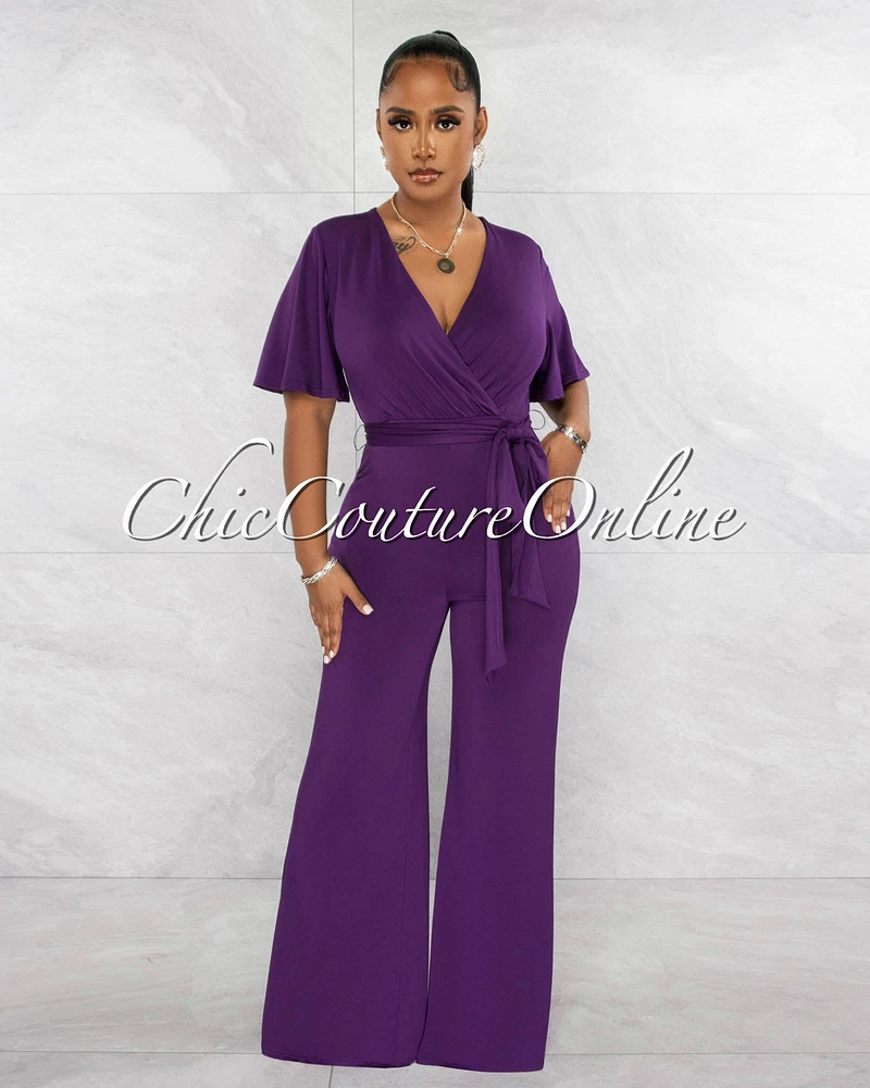 Reilly Purple V-Neck Self-Tie Belt Jumpsuit