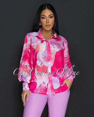 Yumi Fuchsia Lilac Long Sleeves Sheer Blouse