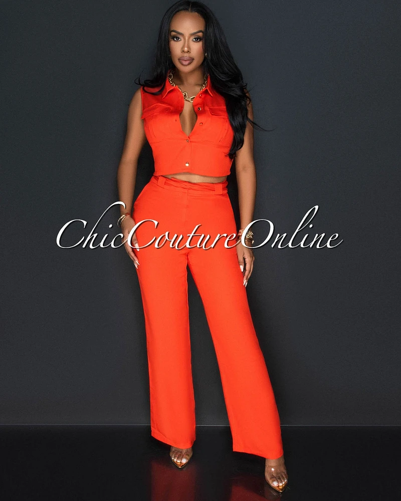 Koa Orange Sleeveless Cargo Top & Wide Legs Pants Set