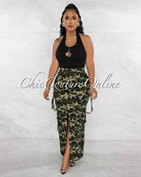 Tarah Camo Cargo Front Slit Maxi Skirt