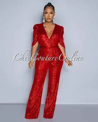 *Mellie Red Sequins Bubble Sleeves Jumpsuit