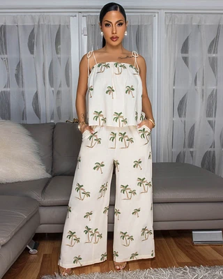 Anirah Cream Palm Tree Embroidery Top & Pants Set